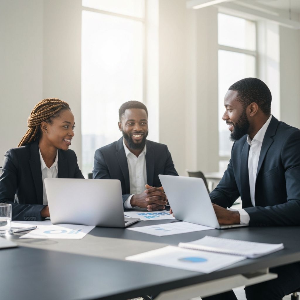 Professional African business team collaborating at Digital Africa Agency in modern office environment